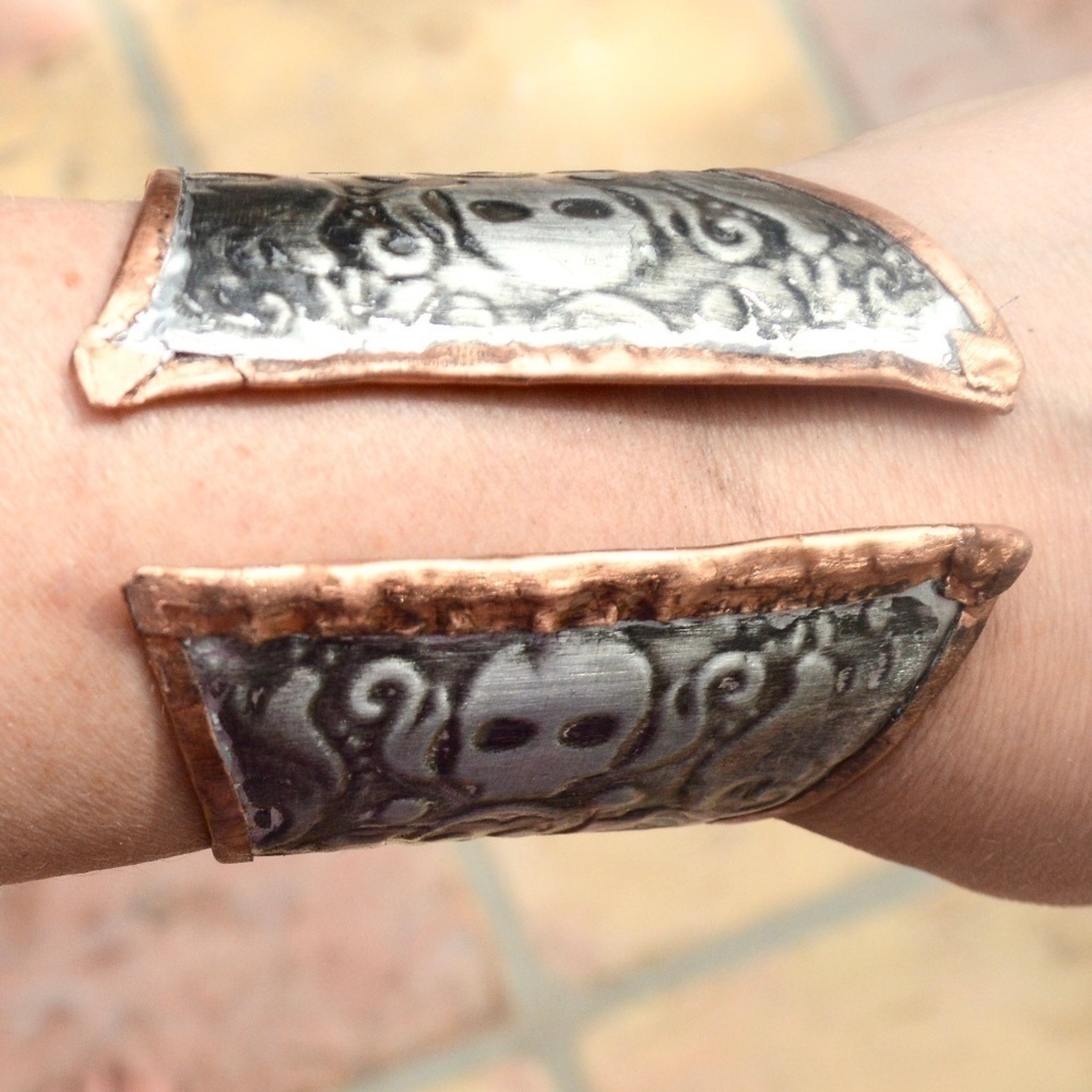 Skull Solid Copper Silver Wide Cuff Biker Handmade Embossed Gothic Gladiator - Picture 5 of 6